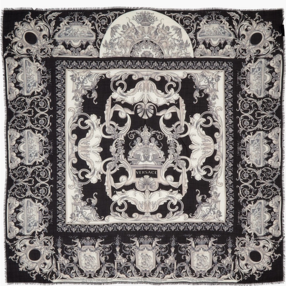 Versace Black & White Baroque Print Wool & Silk Scarf 52" square